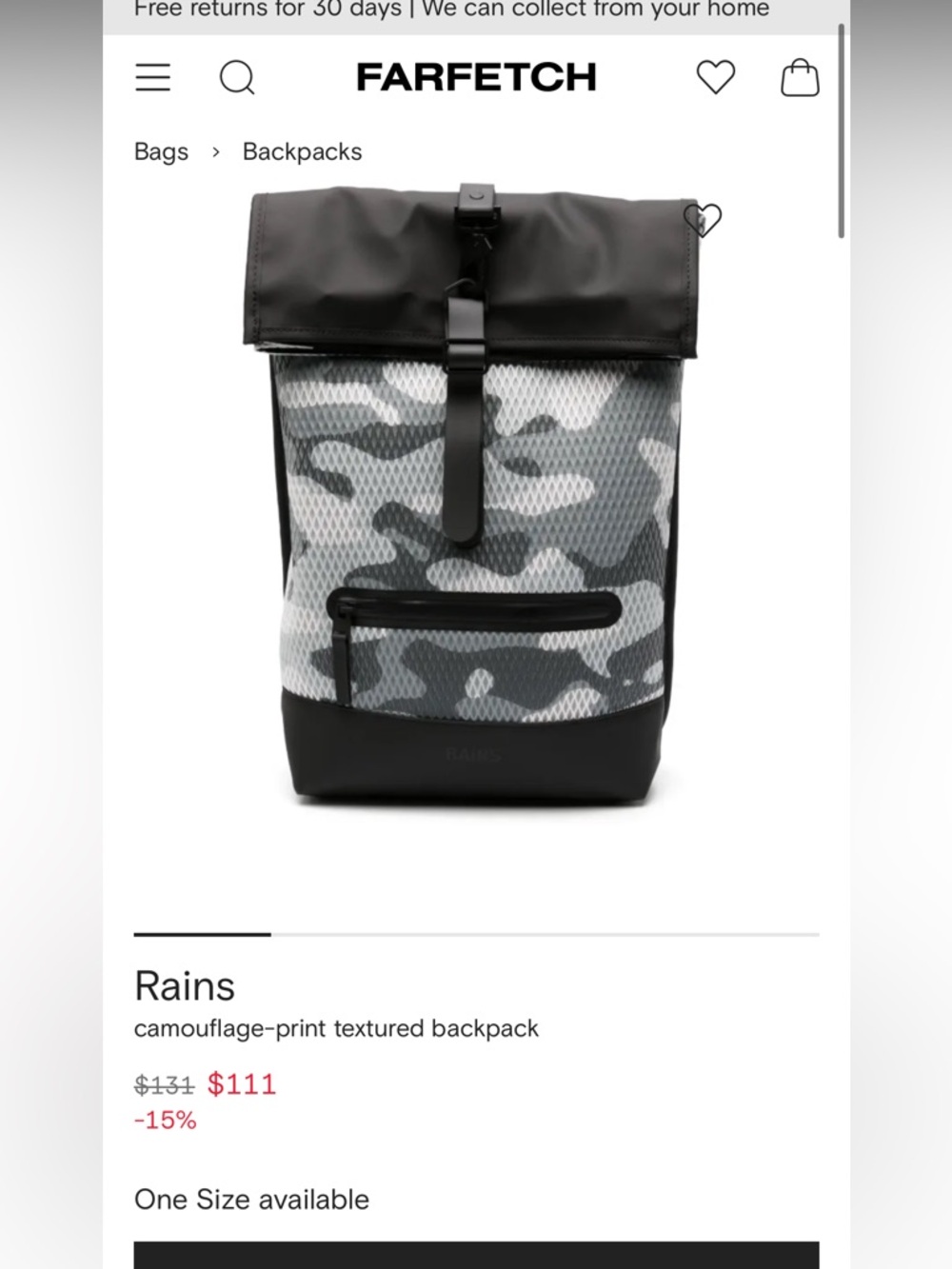 Rains Black and Gray Camo Roll-Top Backpack